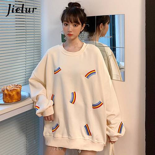 Jielur Korean New Autumn Women&39s Sweatshirt Rainbow Embroidery Casual Female Hoodies Orange Black White Hoody Loose Chic M-XXL