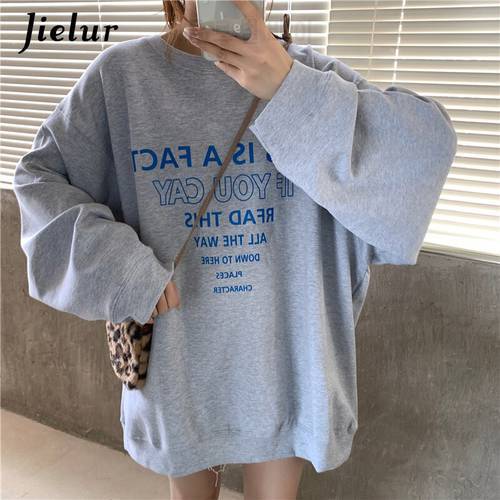 Jielur 2022 Autumn Korean Hoodies Women Gray White Basic Thin Letter Female Sweatshirt Loose Hoodie Pullovers M-XL Size