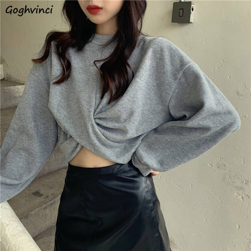 Women No Hat Hoodies Solid Knot Simple Crop-tops Pullover O-neck Sweatshirts Puff Sleeve Casual Stylish Chic Loose 2XL Ulzzang