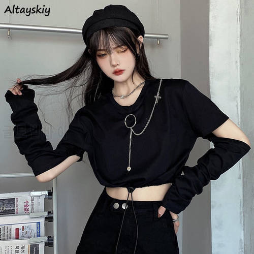 Solid T-shirts Women Removable Sleeve Sequined Chain Japanese Style Harajuku Trendy Goth Y2k Female Crop Top Hot Sale Popular