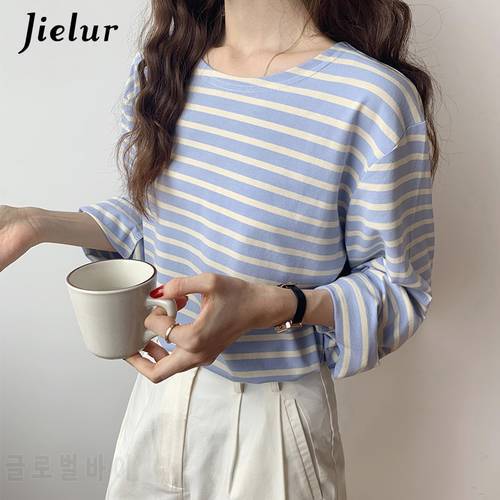 Jielur Korean Fashion Striped T-shirt Autumn Long Sleeve Women&39s Top Loose Casual Cotton T-shirt Female Blue Orange S-XL