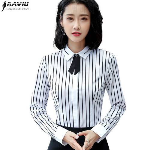 Striped Shirt Female Autumn New Ladies Temperament Elegant Bow Tie Slim Long Sleeve Blouses Professional Business Top