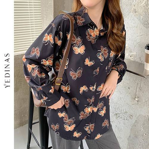 Yedinas ZA 2020 Vintage Blouse Shirt Women Korean Style Blouse Women&39s Tops Female Long Sleeve Shirt Butterfly Print Blouse New