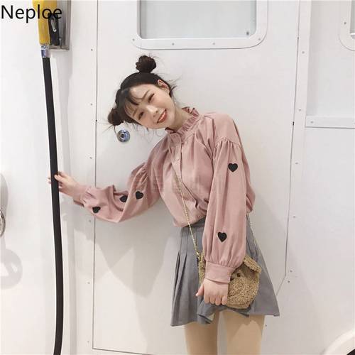 Neploe Women Tops Blouses 2020 Fashion Puff Sleeve Female Shirt Heart Embroidery Korean Clothes Blouse White Pink Shirts 38325