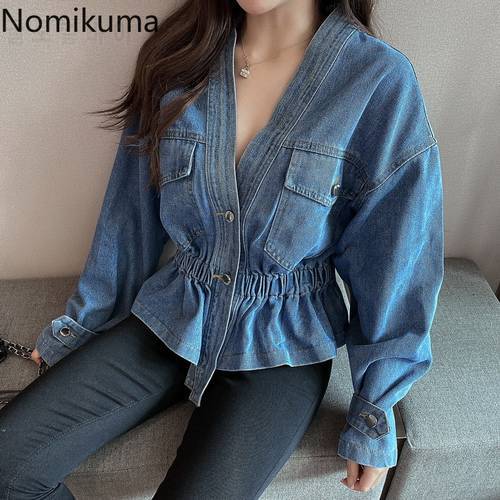 Nomikuma V Neck Denim Jackets Women Solid Color Long Sleeve Coats Tops Female Slim Waist Korean Style High Street Ropa Mujer
