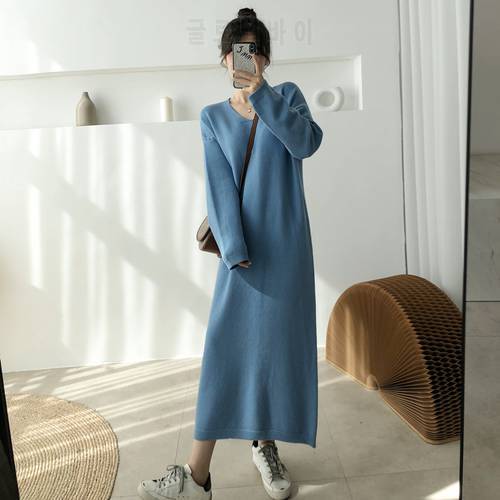Vintage V-Neck Loose Knitted Dresses Women Korea Fashion Casual Solid Elasticity Knit Straight Dress Vestidos Autumn Winter 2021