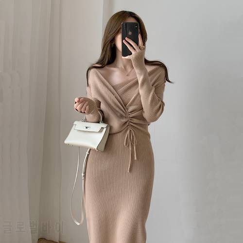 Harajuku Vintage Korean One-Piece Sweater Maxi Dresses for Women Draw String Bodycon Slim Knitted Lady Woman Dress Autumn 2022