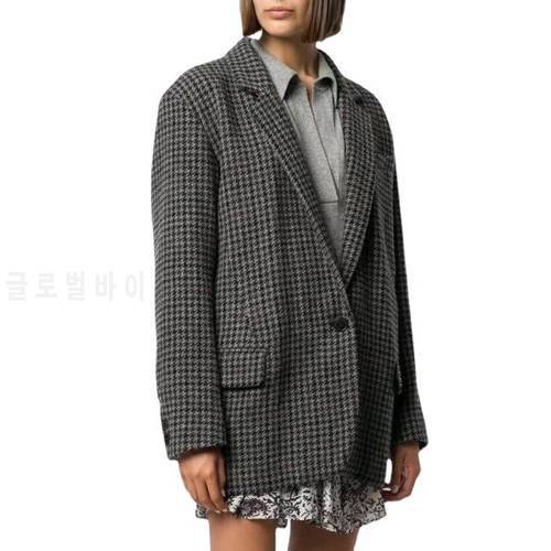 Women Jacket Short Cotton Korean Version of All-match Plaid Suit Collar Black One-button Jacket