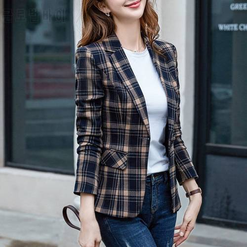 PEONFLY Vintage Casual Plaid Blazer Women Fashion Single Button Office Ladies Jacket Coat Notched Collar Long Sleeve Jacket 2022