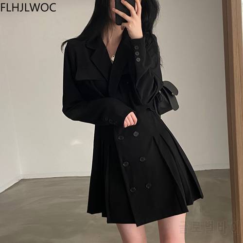 2021 Autumn Winter Outerwear Long Coat Jackets Solid Double-Breasted Button Office Lady Retro Vintage Suits Tunic Black Blazers