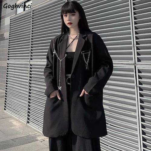 Blazers Women Fashion Chain Streeetwear Harajuku Loose Black Outwear Autumn Korean Tunic Students Design Casual Breathable Coats
