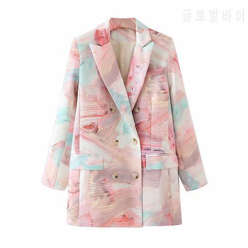 [EWQ] Autumn Autumn 2023 Women Printed Tie Dye Office Ladies Clothing Blazer New Lapel Long Sleeve Loose Jacket Fashion Coat