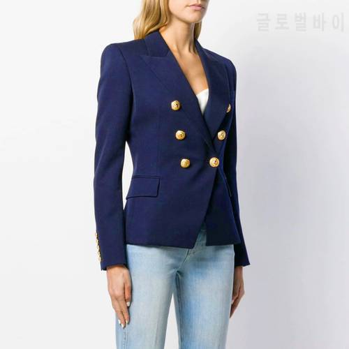 PEONFLY High Quality 2023 New Designer Blazer Women&39s Double Breasted Pocket Lion Buttons Slim Plaid Blazer Jacket Ladies