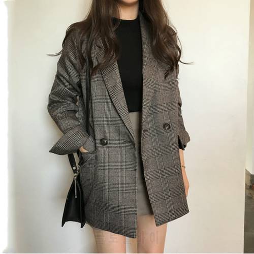 Women Autumn Blazers Suit Jacket Plaid Coat Double Breasted Blazer Mujer Gray Chaqueta Mujer Casual Veste Femme Manteau
