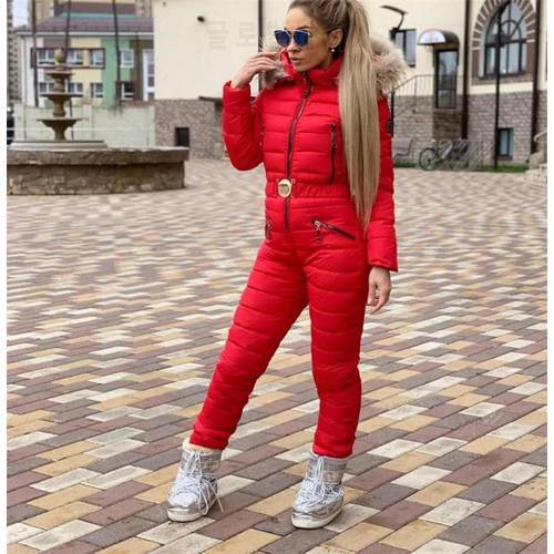 Solid Color One-Piece Down Cotton Padded Suit Leisure Sports Ski Suit Fashion Versatile Hat Real Fox Fur Collar Cotton Padded