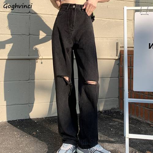 Jeans Women Loose Simple Fashion Solid Hole High Waist S-5XL Denim Trousers Female Vintage Korean Stylish Streetwear Popular