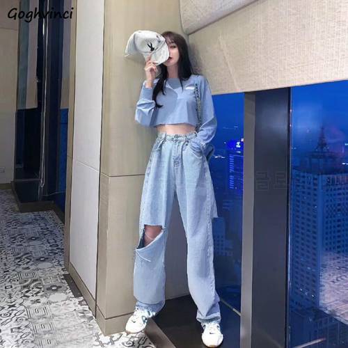 Jeans Women Vintage Hole Wide Leg Trousers Streetwear High Waist Leisure Simple Denim New Korean Style Baggy All-match Fashion