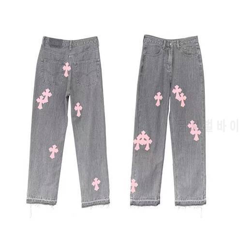 New Leather Pink Cross Jeans For Men/Women 2021 Y2k High Street Jeans Straight Stacked Pants Denim Moto Trousers Mujer