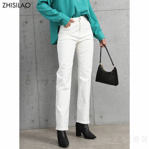 ZHISILAO White Jeans Women Vintage Stretch High Waist Straight Wide Leg Denim Pants Autumn 2021 Jeans Streetwear