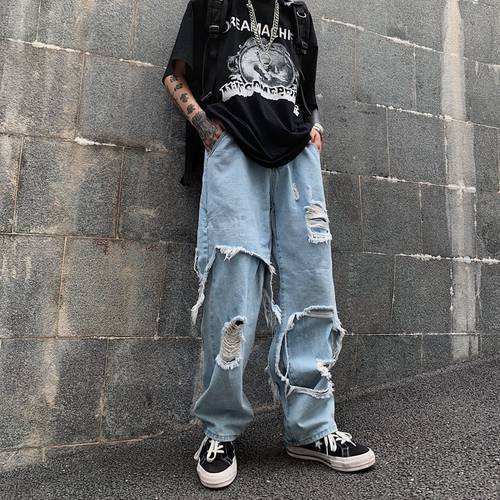 Autumn Punk jeans Ripped Hole Denim Pant Harajuku High waist Streetwear Hip Hop Woman Baggy Loose Straight Solid Jeans