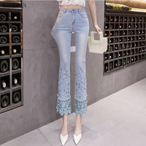 Women&39s High Waist Jeans Slim Elastic Vintage Peals Beading Lace Patchwork Hot Drilling Trouser Denim Flare Pants Female