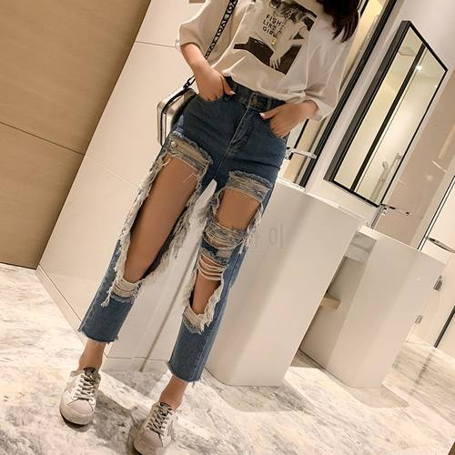 5XL Solid Fashion Jeans For Women Ripped Hole Casual High Waisted Pencil Jeans Korean Pants Female Fashion New KZ72