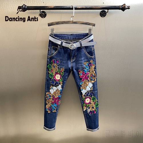 Women Jeans Embroidery Bling Print High Waist Mum Denim Pencil Pants New Female Maxi Sequins Trousers Dropshipping