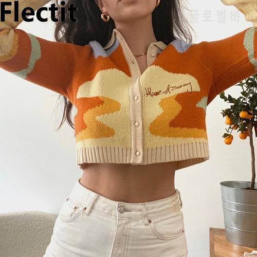Flectit Sunny Knit Crop Top Sweater Women Comfy Long Sleeve Collared Button-up Cardigan Y2K e-Girl Aesthetic Outfit *