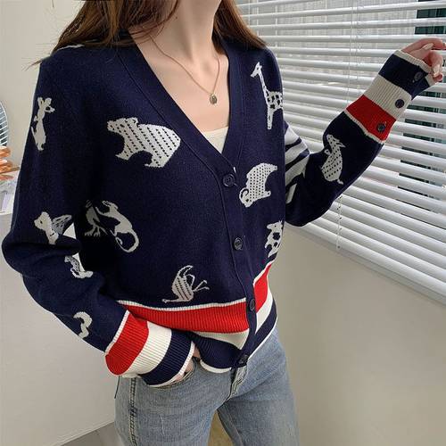Cardigan Sweater Women 2021 Fall Winter Vintage V-Neck Plaid Sweater Fashion Long Sleeve Knitted Sweater England Style Top