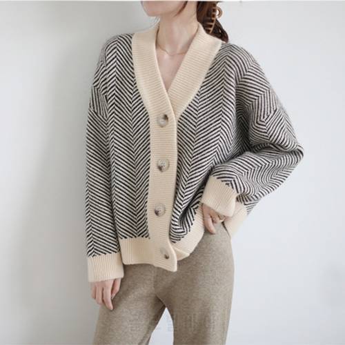 Knitted Cardigans Women Autumn Tops Striped England Style Warm Coat Elegant Long Sleeve Single-Breasted Female Soft Outerwear