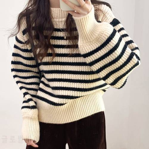 Flectit Classic Sailor Stripe Sweater Cozy Long Sleeve Crew Neck Pullover Jumper Women Autumn Winter Outfit