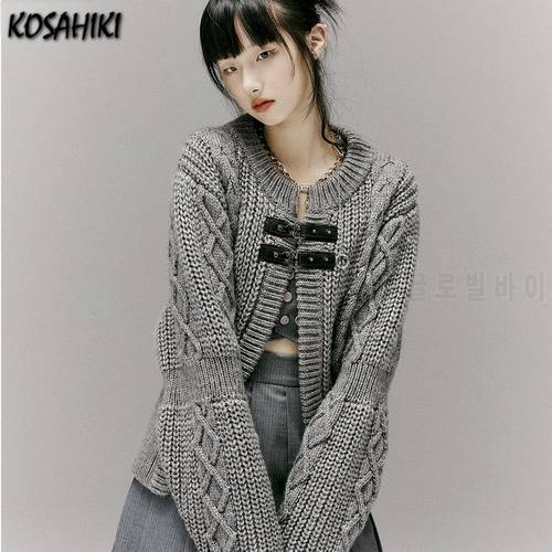 KOSAHIKI 2023 Women&39s Knitted Y2K Sweater Loose Cropped Cardigan Female Belted Jacket Grunge Clothing Women Jumper Ins Fashion
