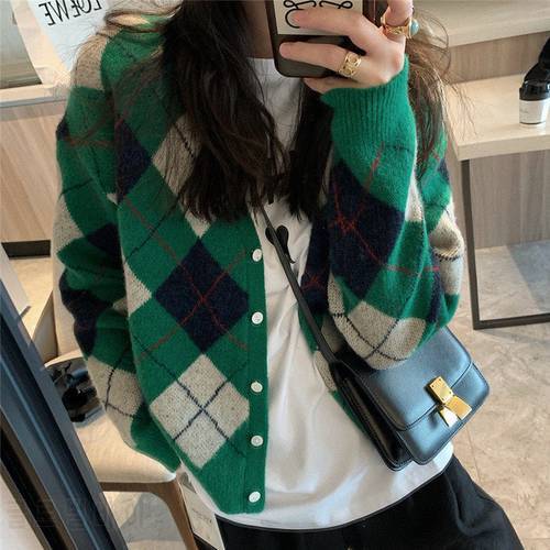 V Neck Cardigan Women Knitted Basic Female Argyle Plaid Coat Jumpers Preppy Style Long Sleeve Outerwear Single Breasted Fall Top