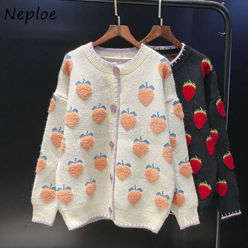 Neploe Strawberry Print Sweet Girl Sweater Jackets Single Breasted Loose Outer Wear Female Cardigan Preppy Style Knitted Jacket