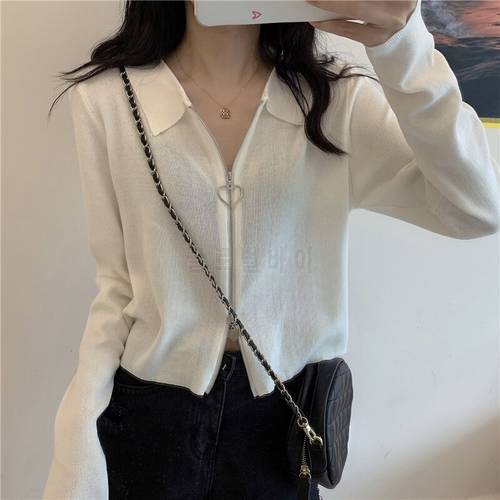 Fashion Polo Collar Love Double Zipper Cardigan Women Solid Color Long Sleeved Knitted Outerwear Coat