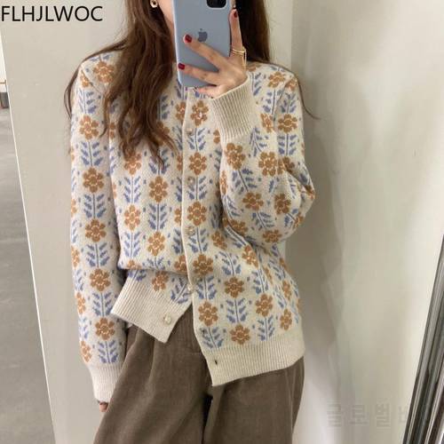 2021 Autumn Winter Cute Sweater Women Sweet Grils Japanese Style Vintage Flower Single Breasted Button Knitted Cardigans Coats