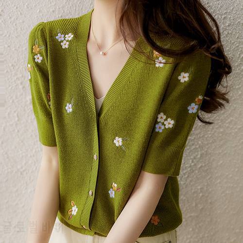 Women Knitted Cardigan Sweater Tops Short Sleeve Embroidery Knit Sweater Women Pullover Blusas Mujer De Moda 2022 Cardigans E980