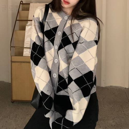 2Colors 2020 autumn and winter korean style o neck knittd cardigans womens loose plaid Vintage sweaters cardigan womens(C9908)