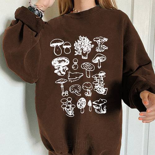 Casual Mushroom Pattern Sweatshirts Sleeves Round Neck Fleece Baggy Pullover 2021 Vintage Harajuku Fashion Loose Hooides