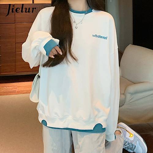 Jielur Harajuku Autumn M-XXL Size Loose Korean Hoodies Women Letter Patchwork Fake Two Piece Blue White Top Female Sweatshirt
