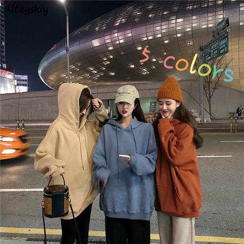 Hoodies Women Solid Loose 2XL Casual Aesthetic Hooded Womens Pullover Chic Daily Big Pocket Students Simple Korean Style Sweet