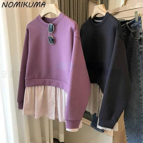 Nomikuma 2021 New Patchwork Hoodies Women Causal Long Sleeve O-neck Sweatshirt Korean Fake Two Pieces Pullover Tops 6X044