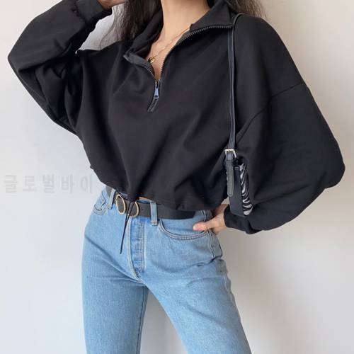 TVVOVVIN Solid Color Stand Collar Long Sleeve Loose Zippers Women Tops Fashion Drawstring Tie Waist Casual Sweatshirt AP8Z