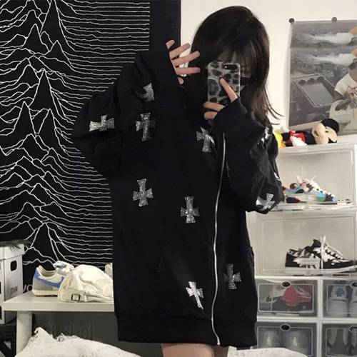 Y2k Rhinestone Sweatshirt Women Long Sleeve Zip Loose Hoodies Korean Style Fashion Punk Sport Outwear Gothic Hip Hop Jacket