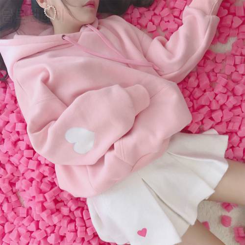 Kawaii Hoodie Long Sleeve Pullover Loose Sweatshirt Pink White Thicken Warm Hoodies Fall 2021 Women Korean Casual Fashion Tops