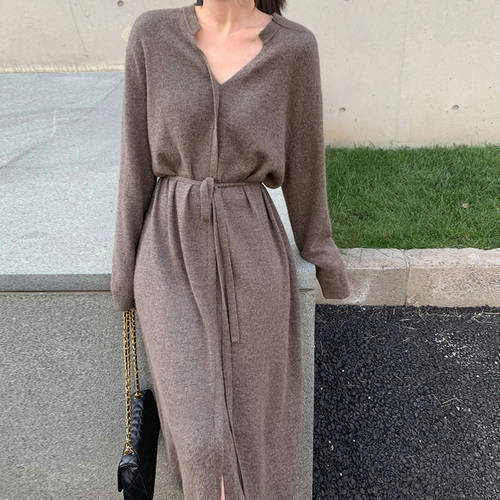 Vintage Women Knitted Dress Autumn Winter Brief V-neck Warm Drawstring Lace-up Loose Midi Female Sweater Dress