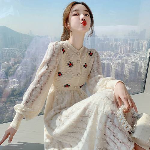 Knitting Sweater Maxi Dresses for Women Female Korea Style Slim Embroidery Wool Long Sleeve Woman Dress Party 2022 Autumn Winter