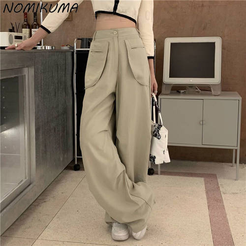 Nomikuma Elegant Double Pockets High Waisted Woman Pants 2021 Autumn New Long Trousers Causal Solid Wide Leg Mujer 6L985