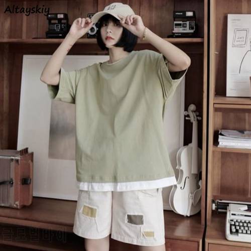 T-shirt Women Patchwork Loose Minimalist Female Fashion All-match Korean Style 3 Colors Hot Sale Tops Harajuku Ins Soft Baggy