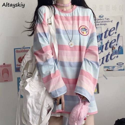 Striped T-shirts Women Rainbow Japanese Style Kawaii Pink Loose Leisure BF Harajuku College Students Female Top Lady Comfortable